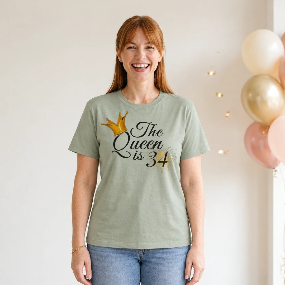 The Queen Is 34 - 34th Birthday Queen T-Shirt for Women - Sage Green Round Neck