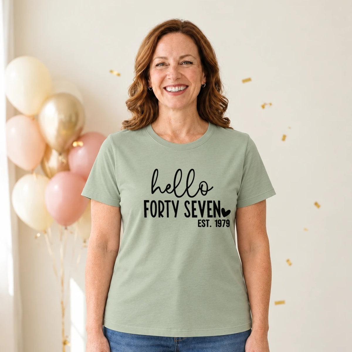 Hello Forty-Seven 47th Birthday T-Shirt for Women - Est. 1979 - Sage Green Round Neck