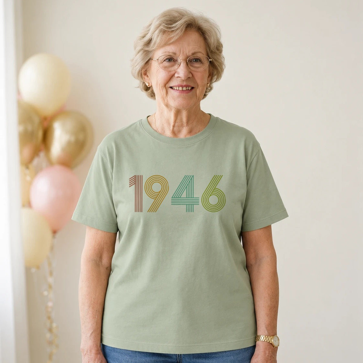 1946 Birth Year Shirt - Retro 80th Birthday T-Shirt for Women - Sage Green Round Neck