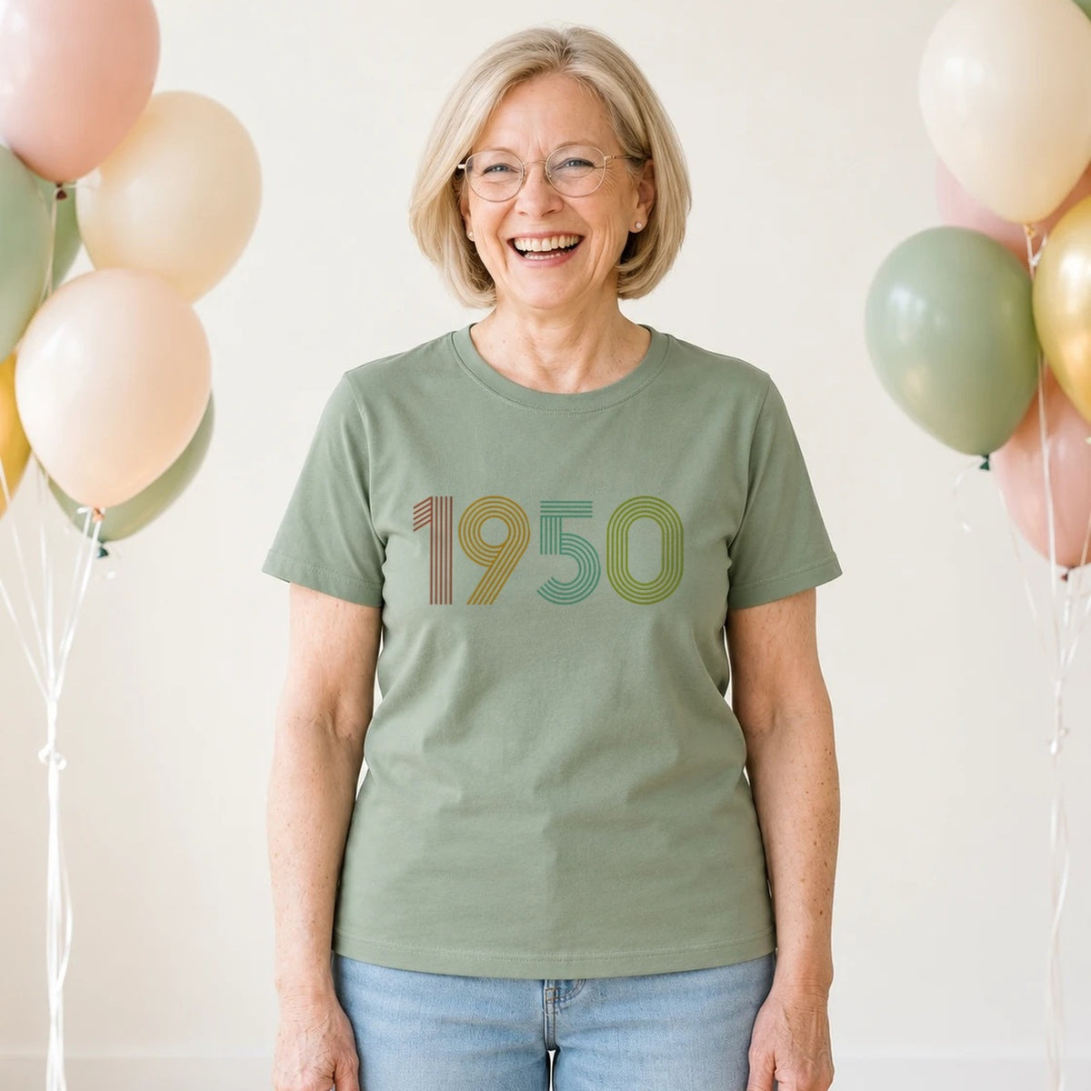 1950 Birth Year Shirt - Retro 76th Birthday T-Shirt for Women - Sage Green Round Neck