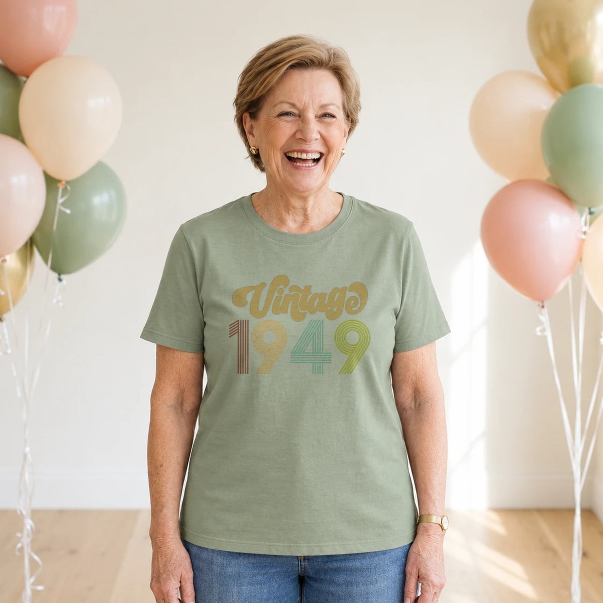 Vintage 1949 - Retro 77th Birthday T-Shirt for Women - Sage Green Round Neck