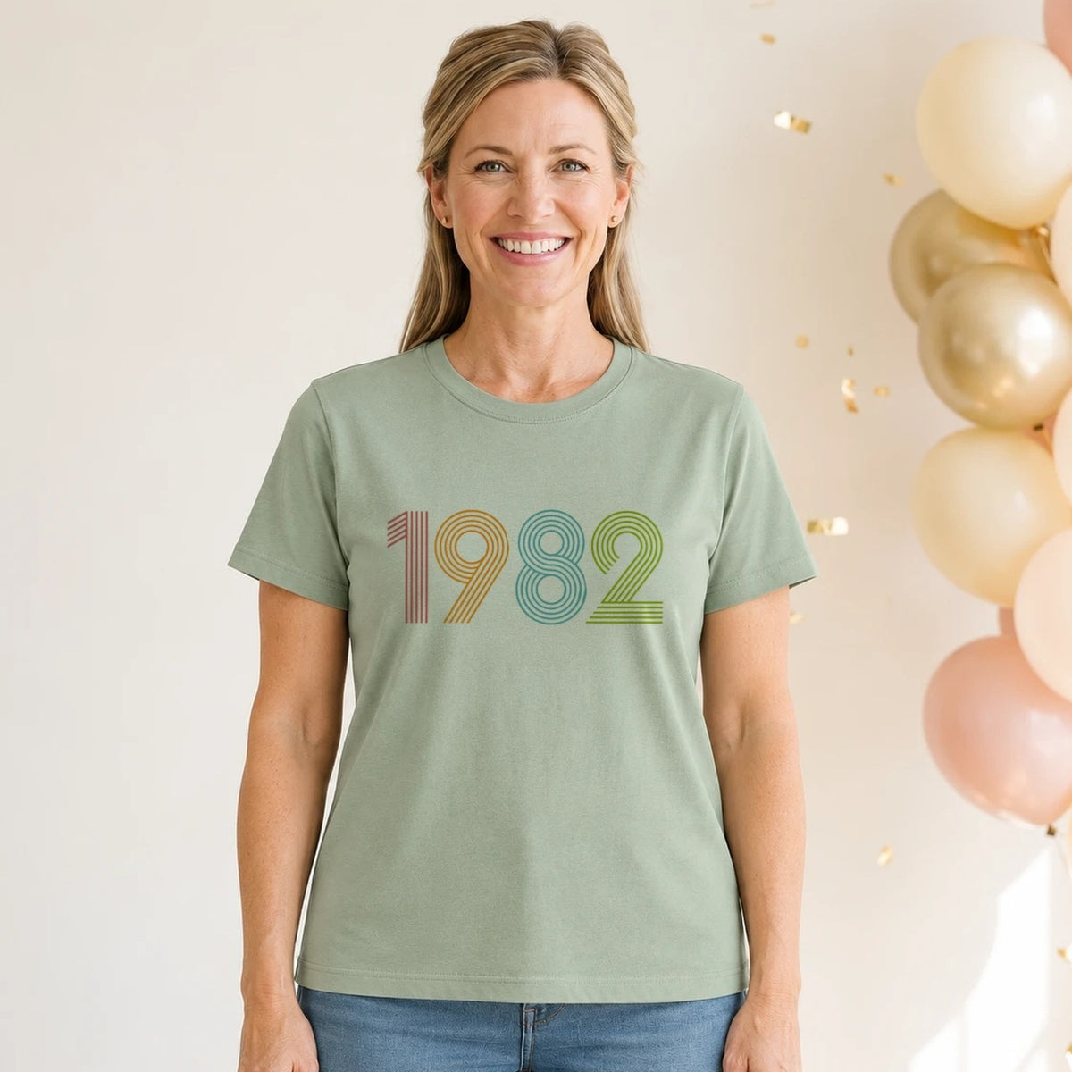 1982 Birth Year Shirt - Retro 44th Birthday T-Shirt for Women - Sage Green V-Neck