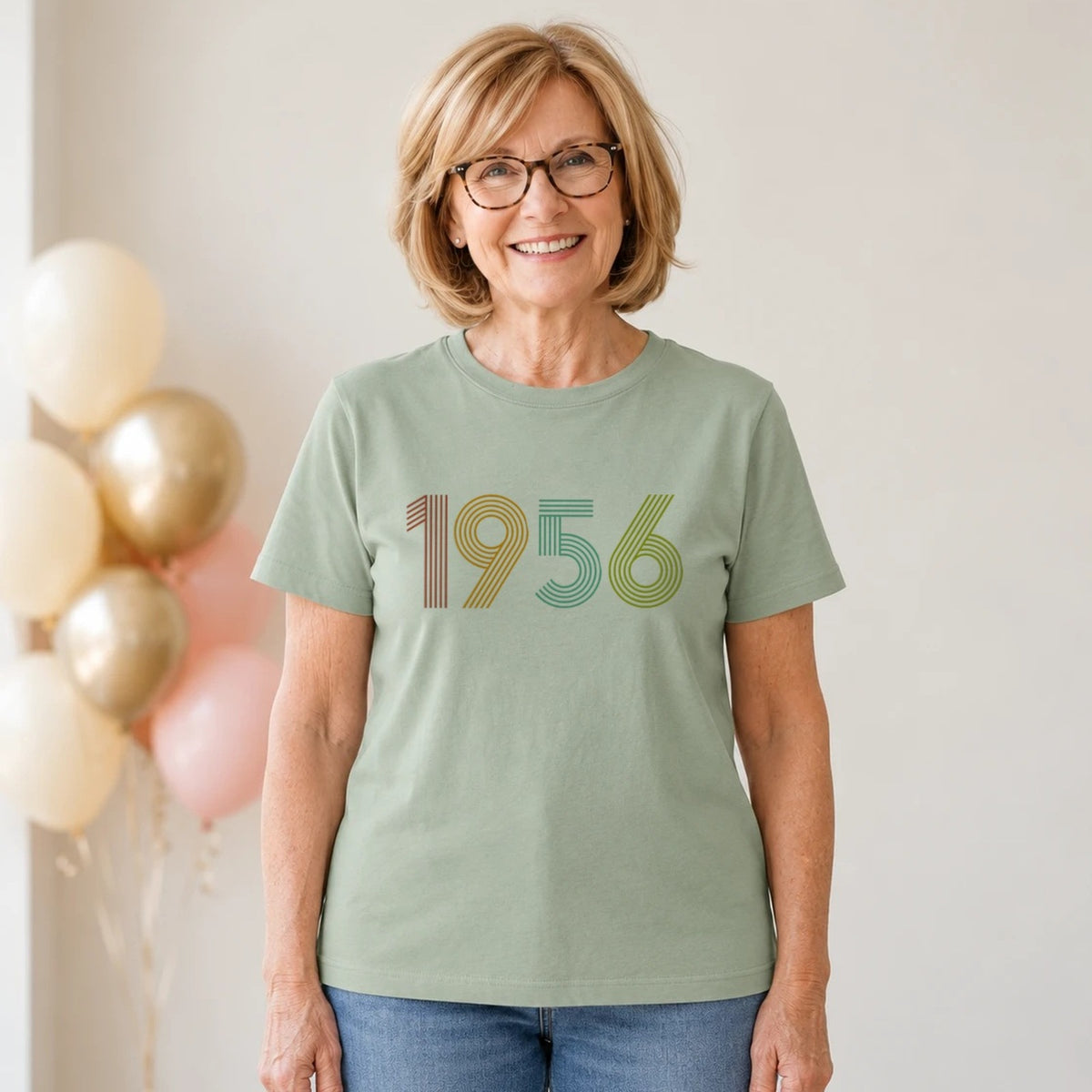 1956 Birth Year Shirt - Retro 70th Birthday T-Shirt for Women - Sage Green Round Neck