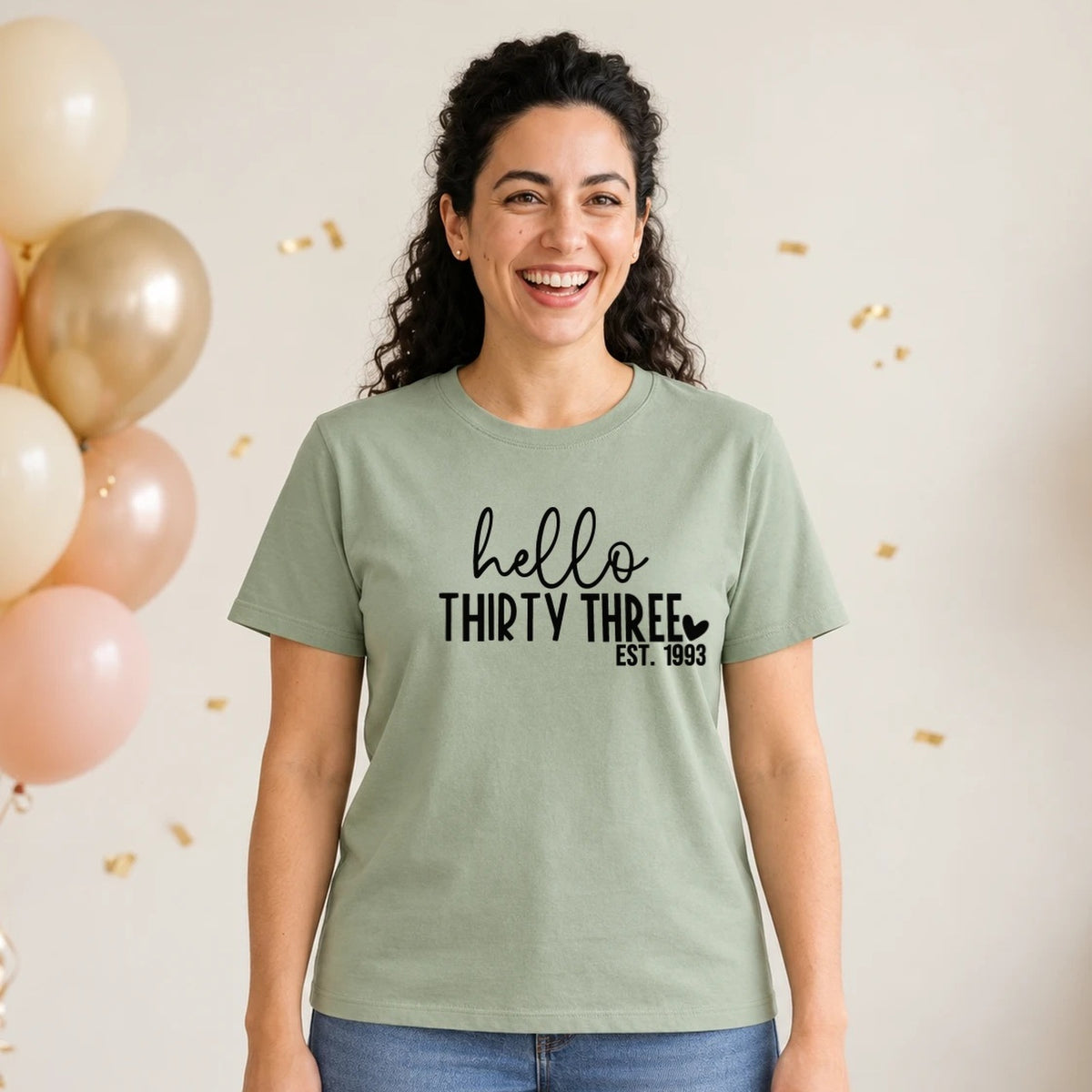 Hello Thirty-Three 33rd Birthday T-Shirt for Women - Est. 1993 - Sage Green Round Neck