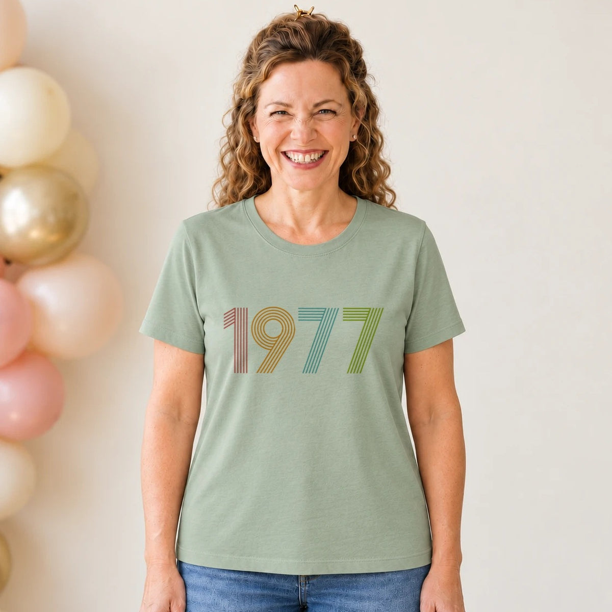 1977 Birth Year Shirt - Retro 49th Birthday T-Shirt for Women - Sage Green V-Neck