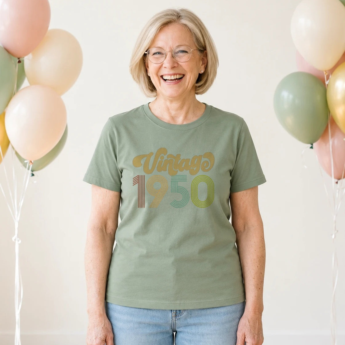 Vintage 1950 - Retro 76th Birthday T-Shirt for Women - Sage Green Round Neck