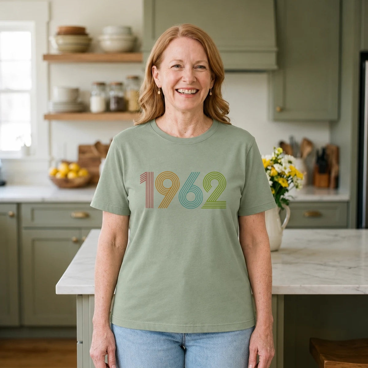 1962 Birth Year Shirt - Retro 64th Birthday T-Shirt for Women - Sage Green Round Neck