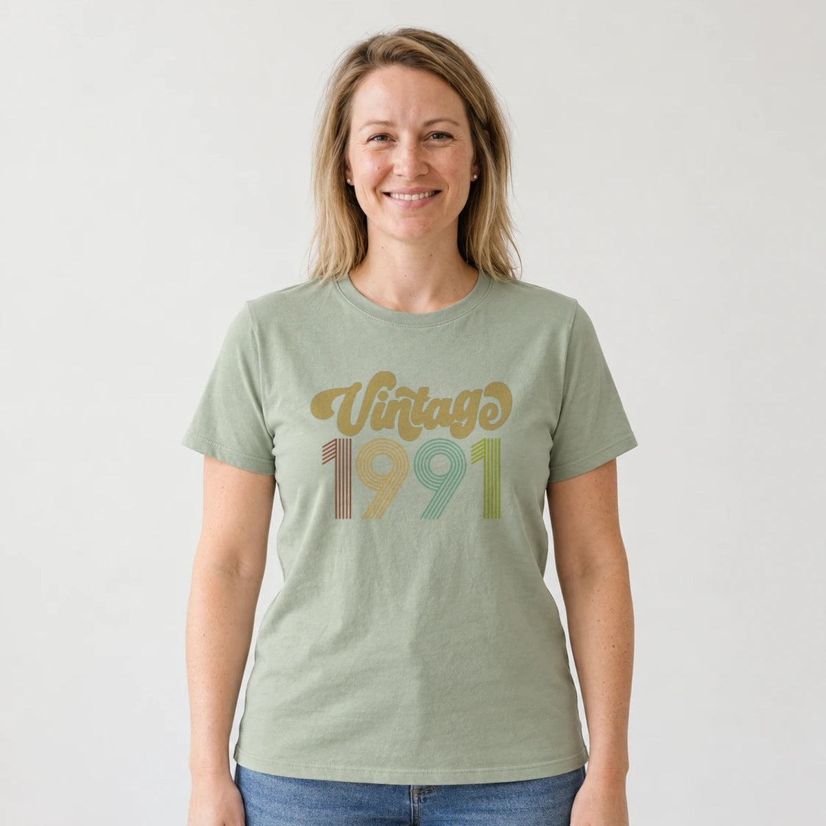 Vintage 1991 - Retro 35th Birthday T-Shirt for Women - Sage Green Round Neck