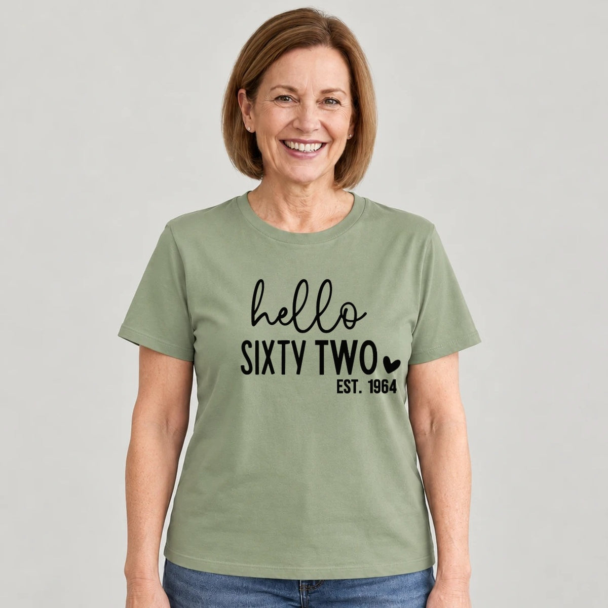 Hello Sixty-Two 62nd Birthday T-Shirt for Women - Est. 1964 - Sage Green Round Neck
