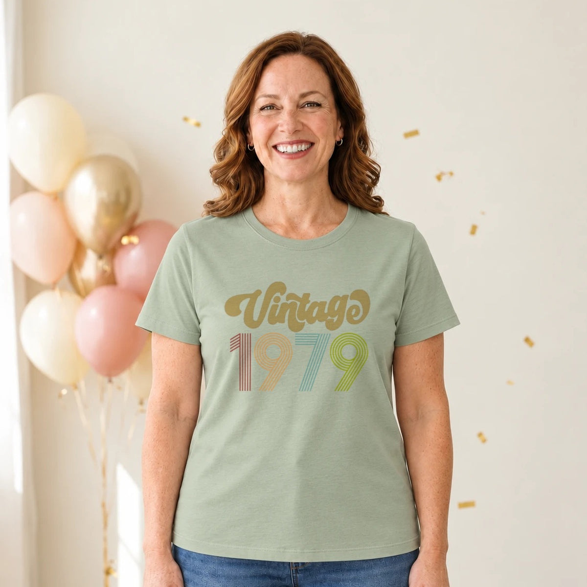 Vintage 1979 - Retro 47th Birthday T-Shirt for Women - Sage Green Round Neck