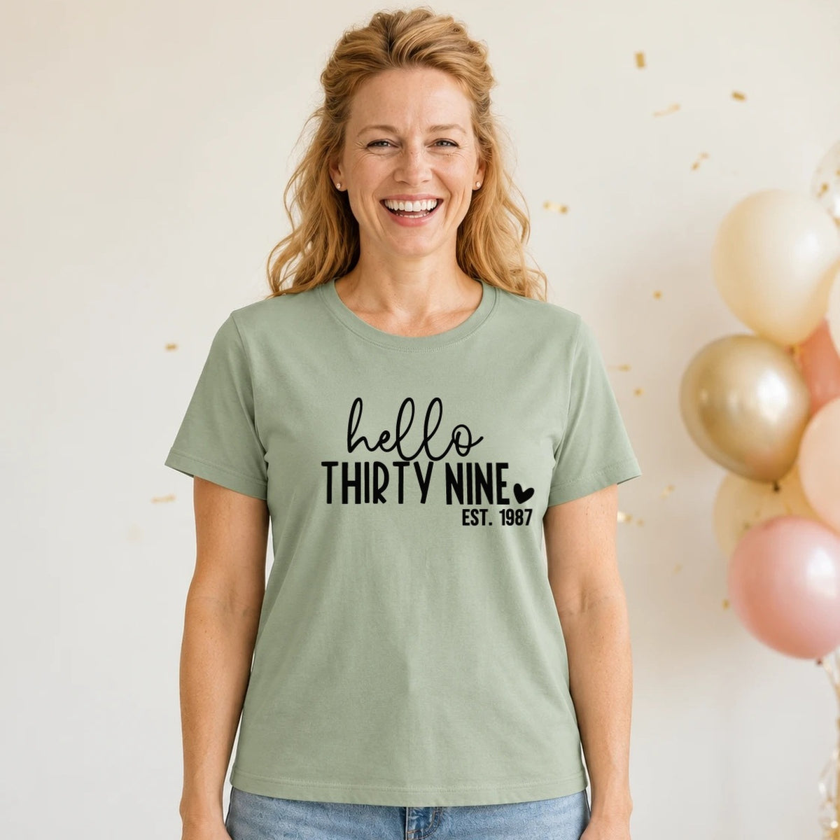 Hello Thirty-Nine 39th Birthday T-Shirt for Women - Est. 1987 - Sage Green Round Neck