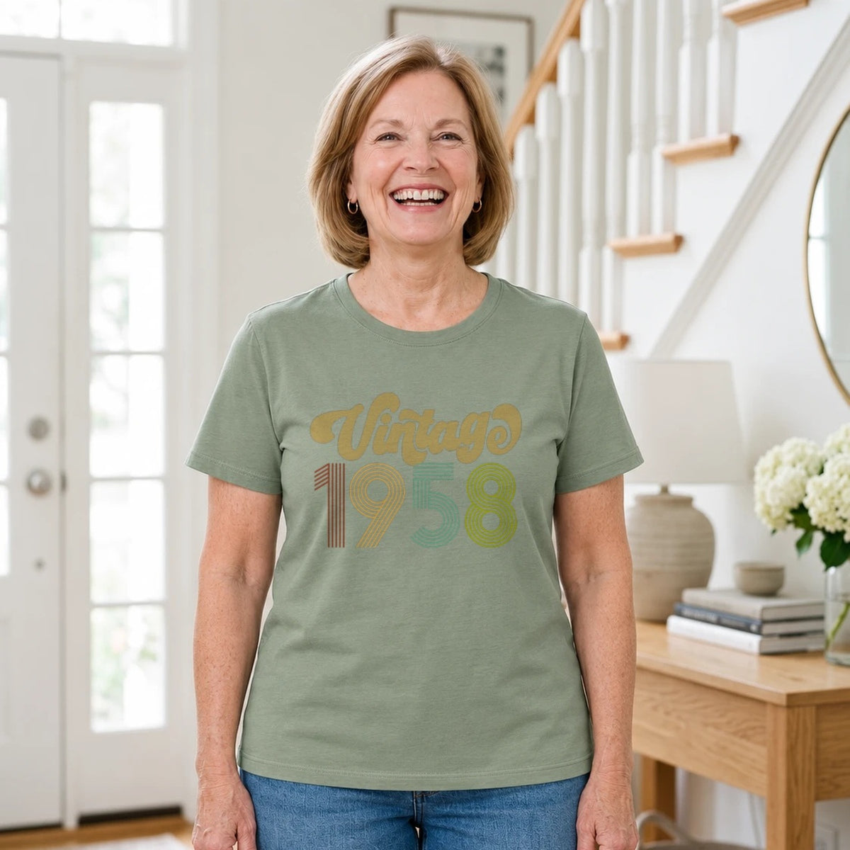 Vintage 1958 - Retro 68th Birthday T-Shirt for Women - Sage Green Round Neck