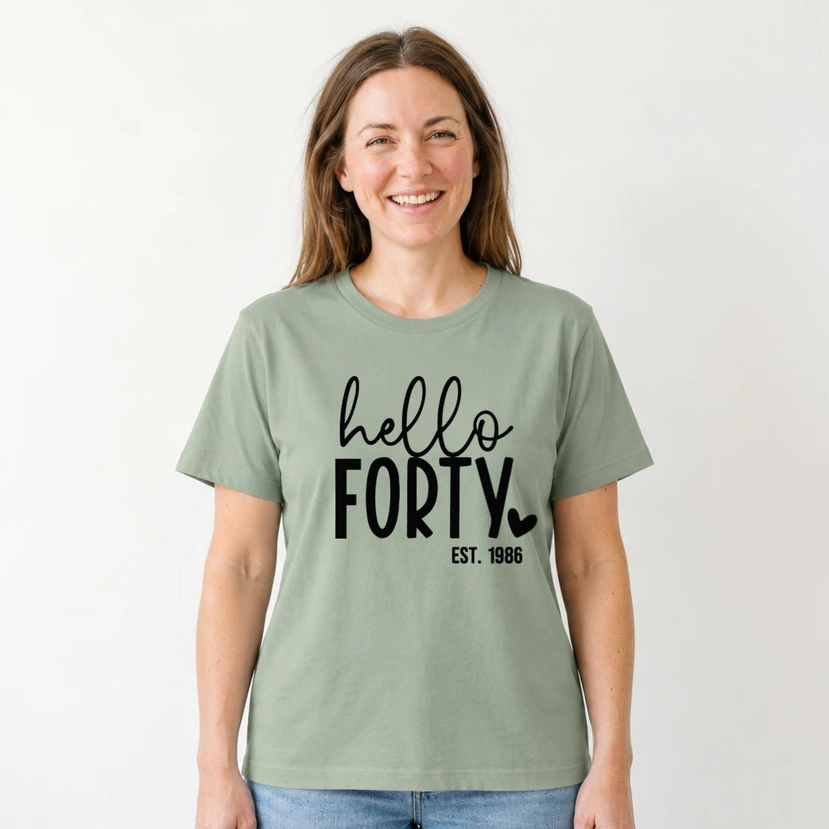 Hello Forty 40th Birthday T-Shirt for Women - Est. 1986 - Sage Green Round Neck