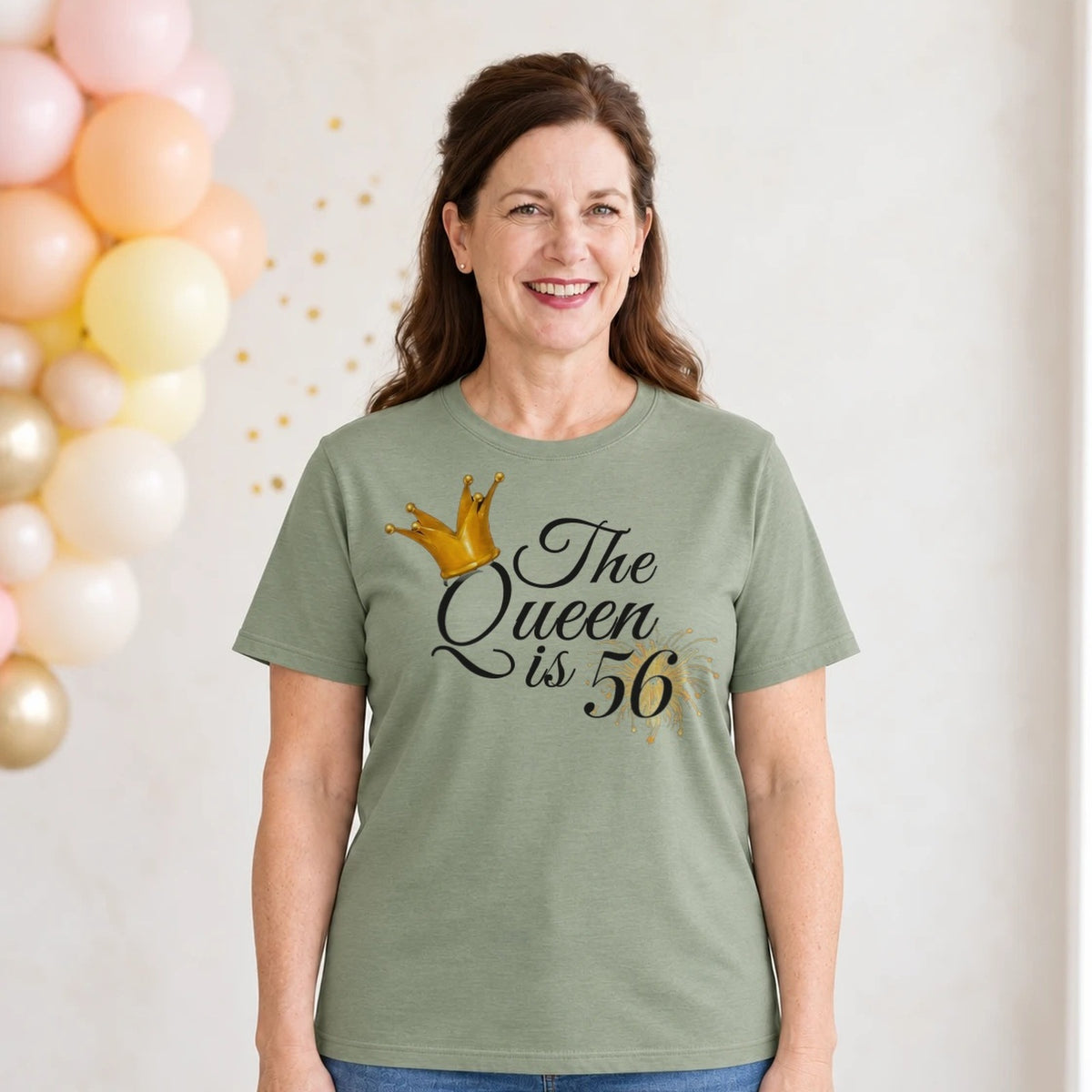 The Queen Is 56 - 56th Birthday Queen T-Shirt for Women - Sage Green Round Neck