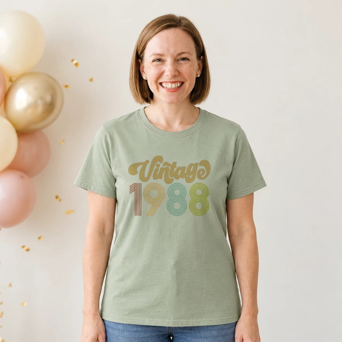 Vintage 1988 - Retro 38th Birthday T-Shirt for Women - Sage Green Round Neck
