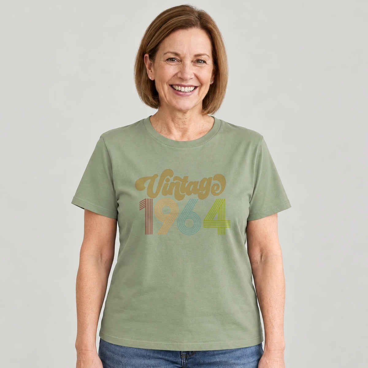 Vintage 1964 - Retro 62nd Birthday T-Shirt for Women - Sage Green Round Neck