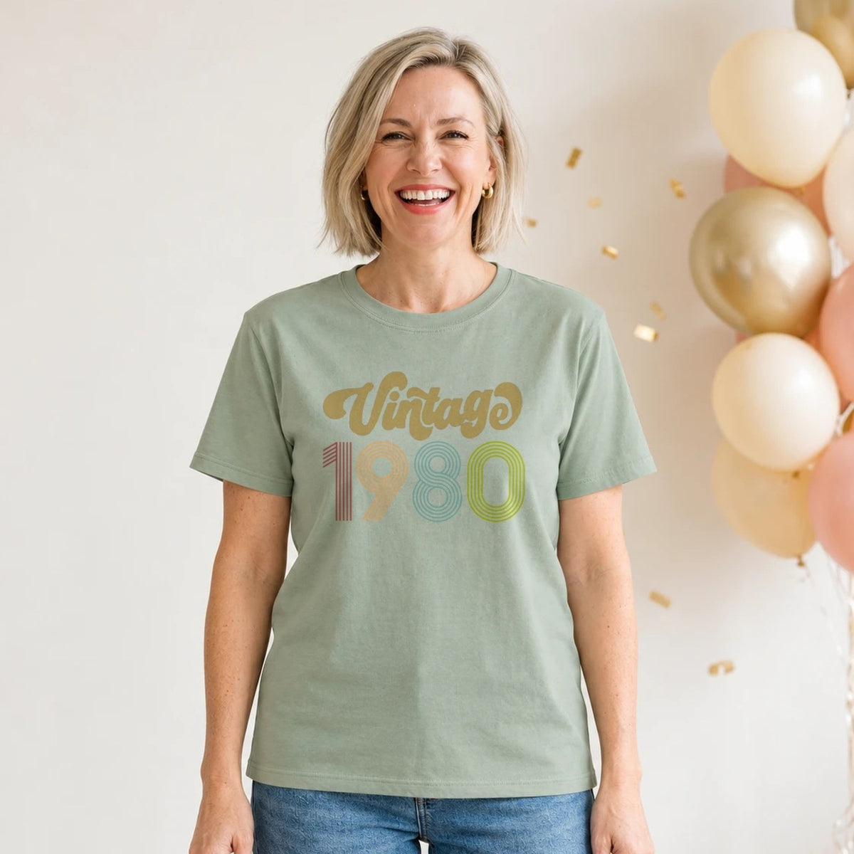 Vintage 1980 - Retro 46th Birthday T-Shirt for Women - Sage Green Round Neck