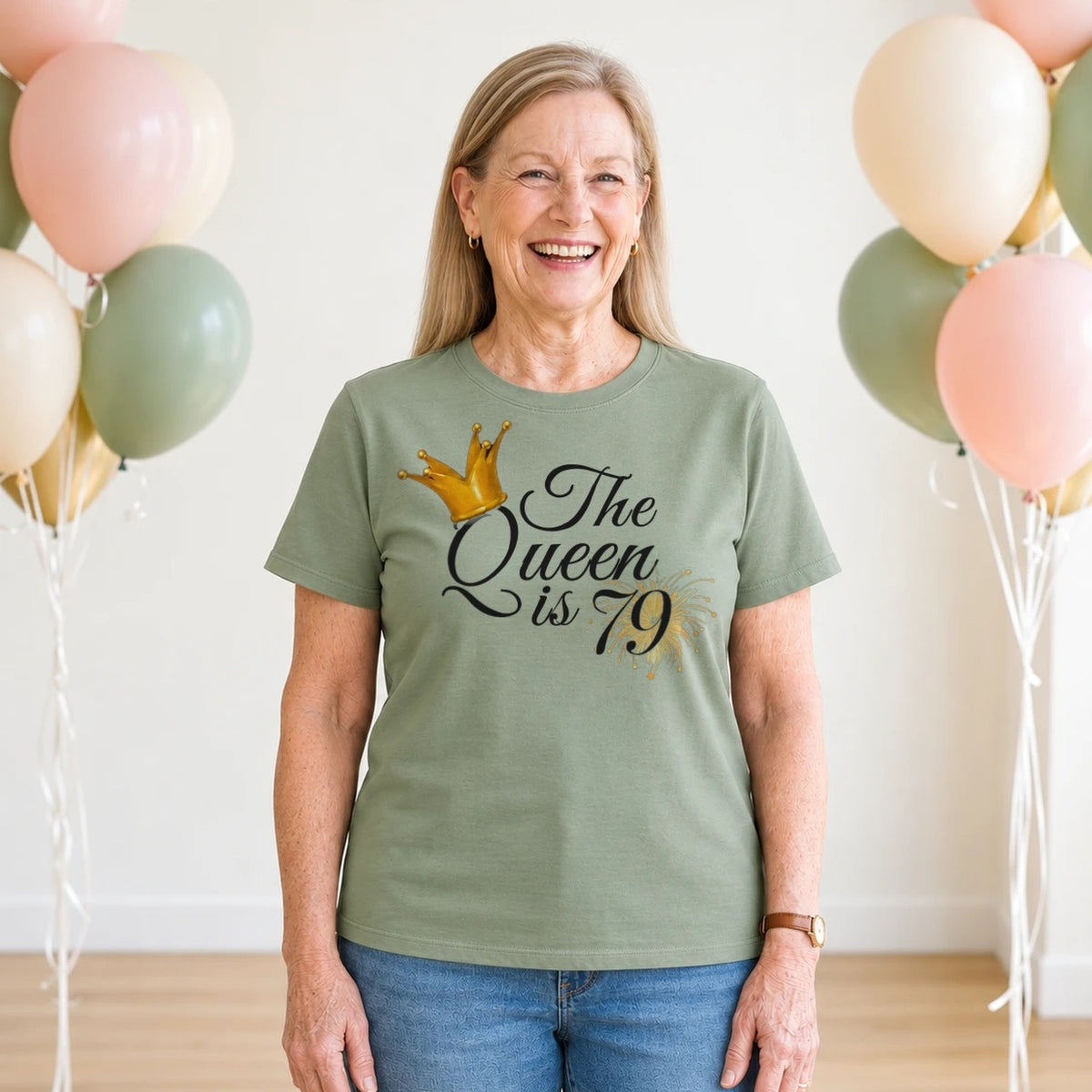 The Queen Is 79 - 79th Birthday Queen T-Shirt for Women - Sage Green Round Neck