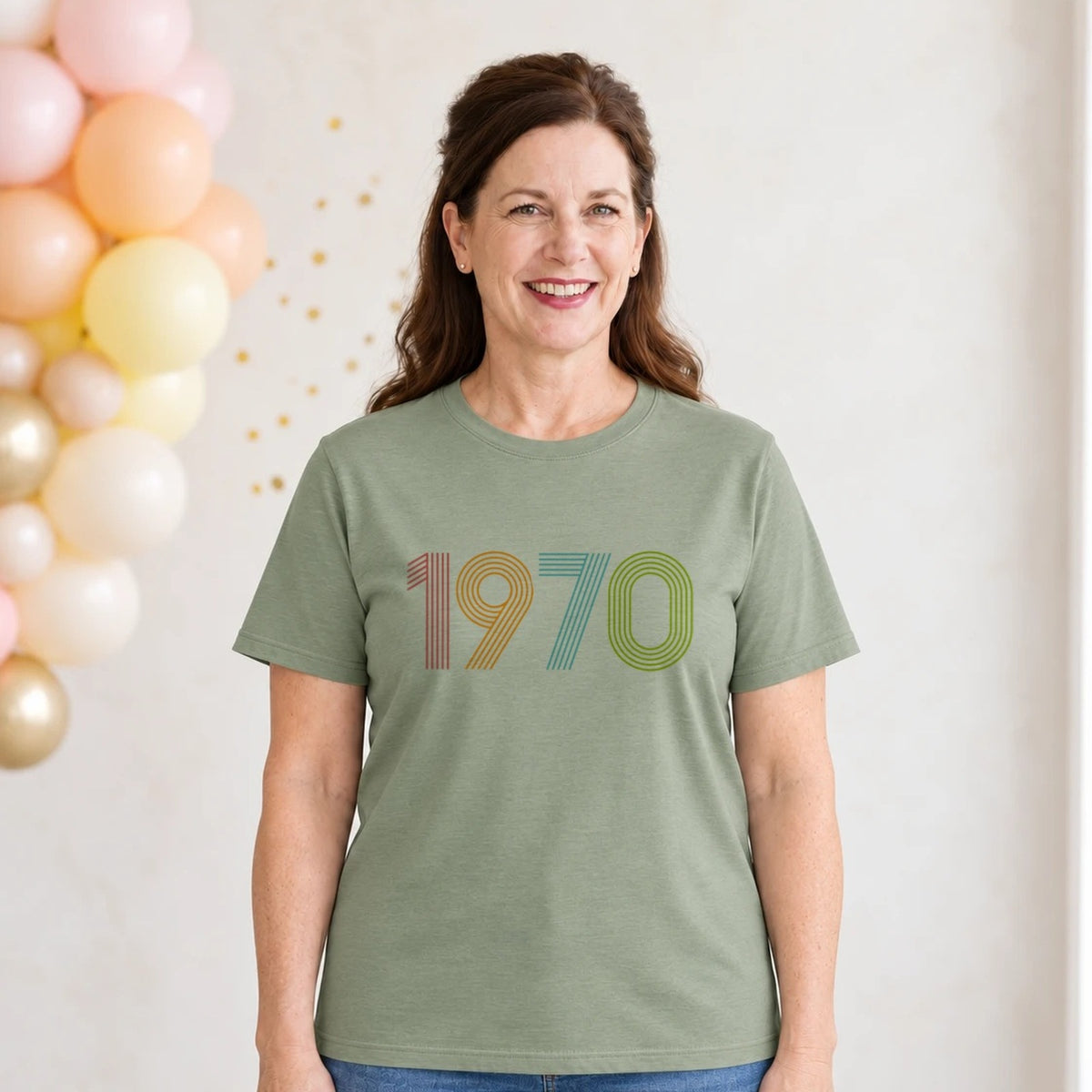 1970 Birth Year Shirt - Retro 56th Birthday T-Shirt for Women - Sage Green Round Neck