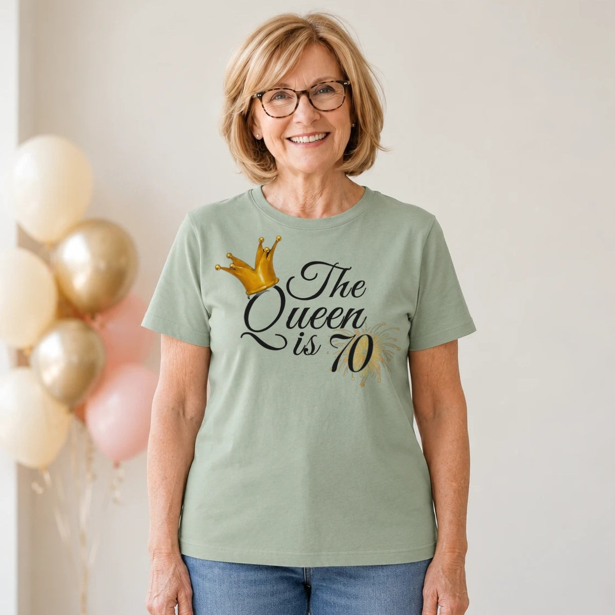 The Queen Is 70 - 70th Birthday Queen T-Shirt for Women - Sage Green Round Neck