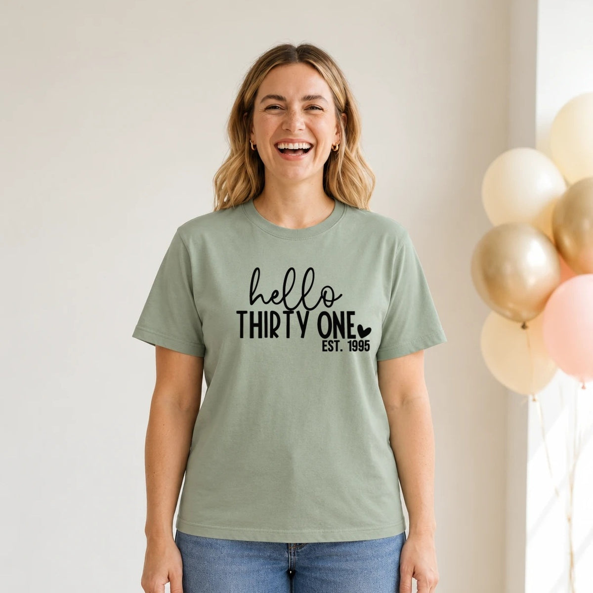 Hello Thirty-One 31st Birthday T-Shirt for Women - Est. 1995 - Sage Green Round Neck