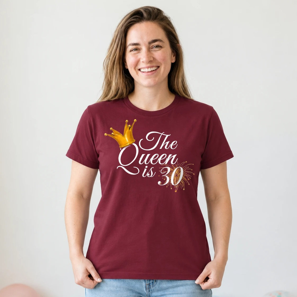 The Queen Is 30 - 30th Birthday Queen T-Shirt for Women - Burgundy Round Neck