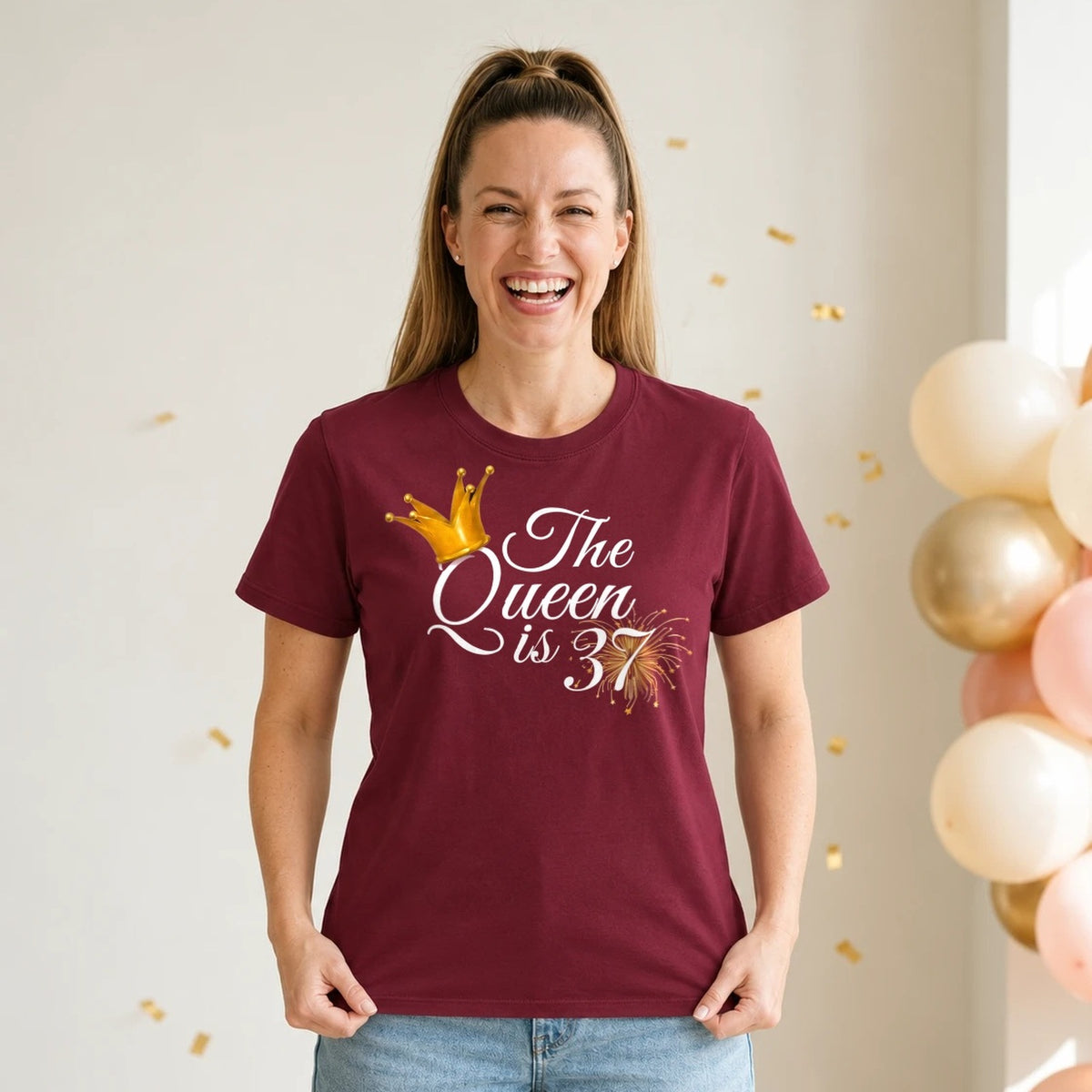 The Queen Is 37 - 37th Birthday Queen T-Shirt for Women - Burgundy Round Neck
