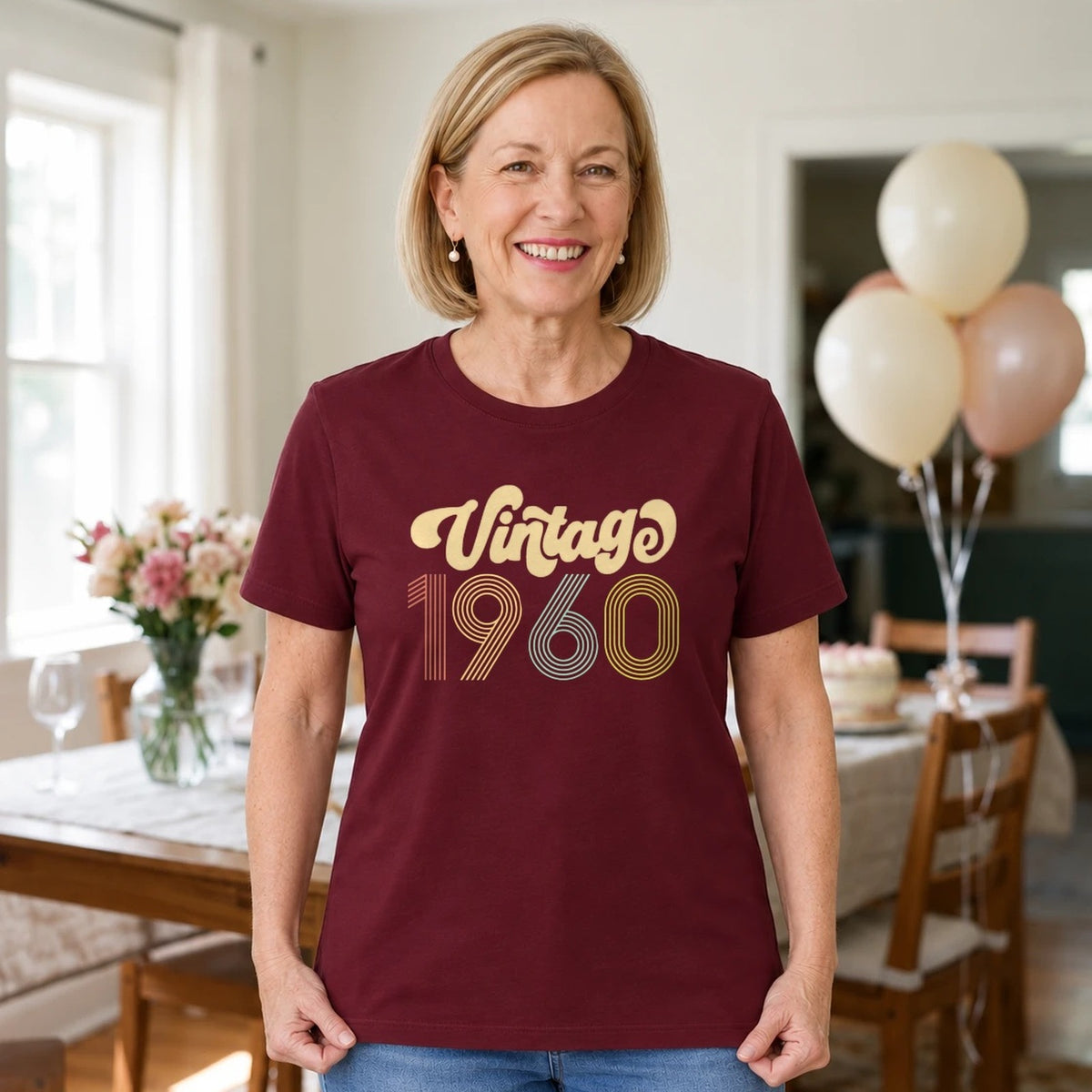 Vintage 1960 - Retro 66th Birthday T-Shirt for Women - Burgundy Round Neck