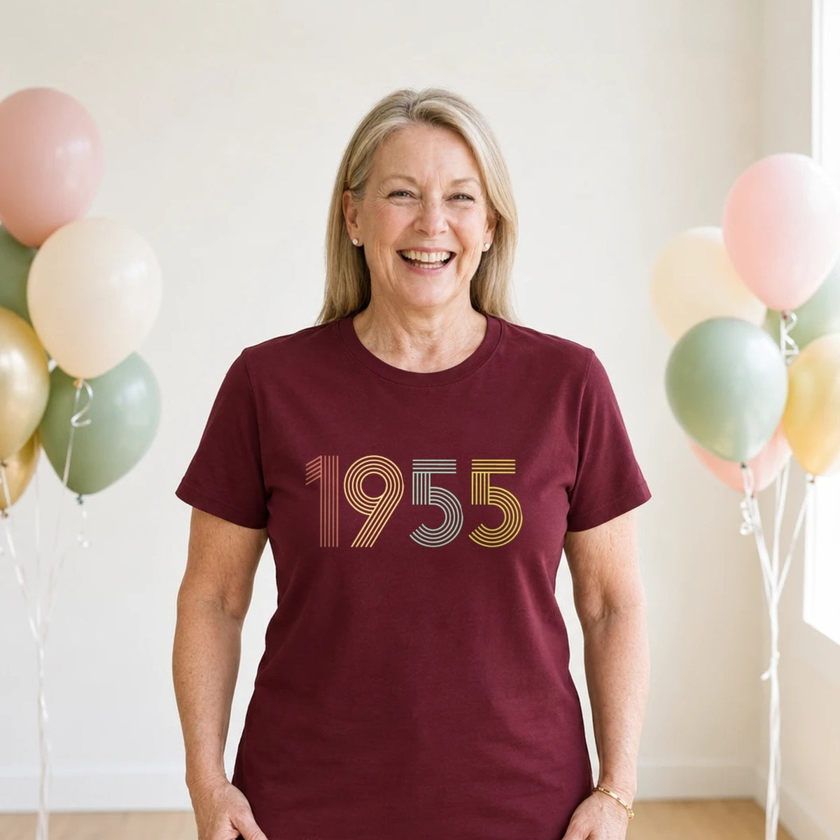 1955 Birth Year Shirt - Retro 71st Birthday T-Shirt for Women - Burgundy Round Neck