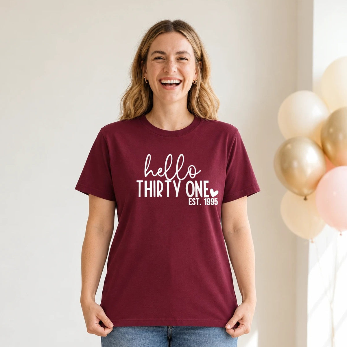 Hello Thirty-One 31st Birthday T-Shirt for Women - Est. 1995 - Burgundy Round Neck