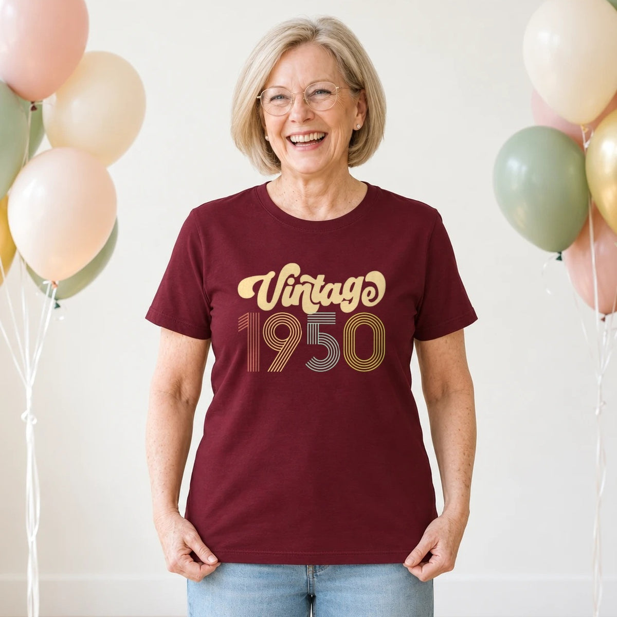 Vintage 1950 - Retro 76th Birthday T-Shirt for Women - Burgundy Round Neck