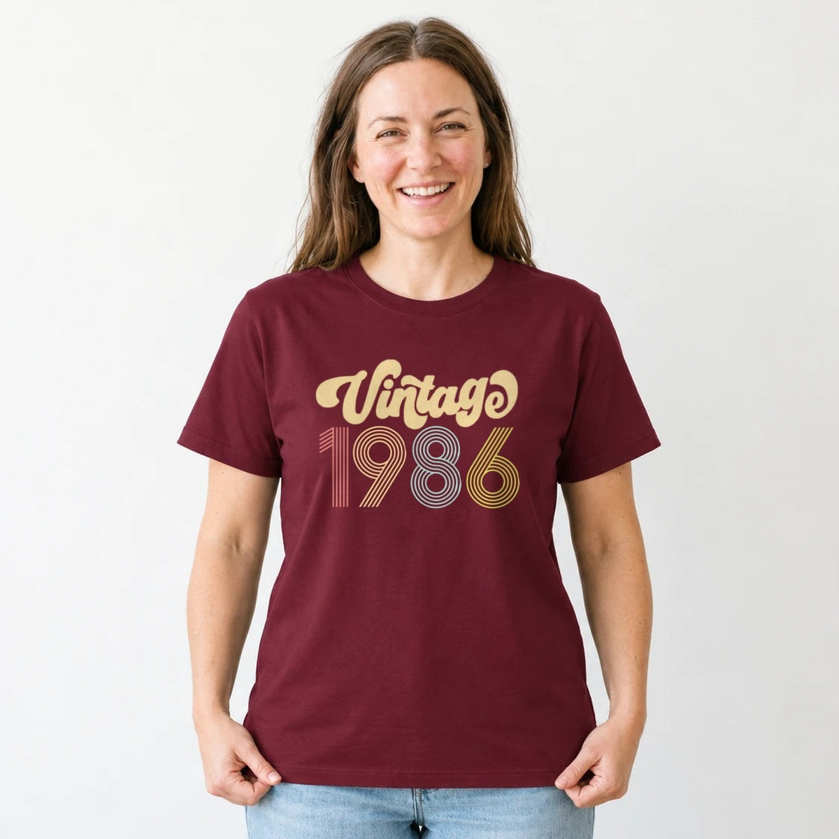 Vintage 1986 - Retro 40th Birthday T-Shirt for Women - Burgundy Round Neck