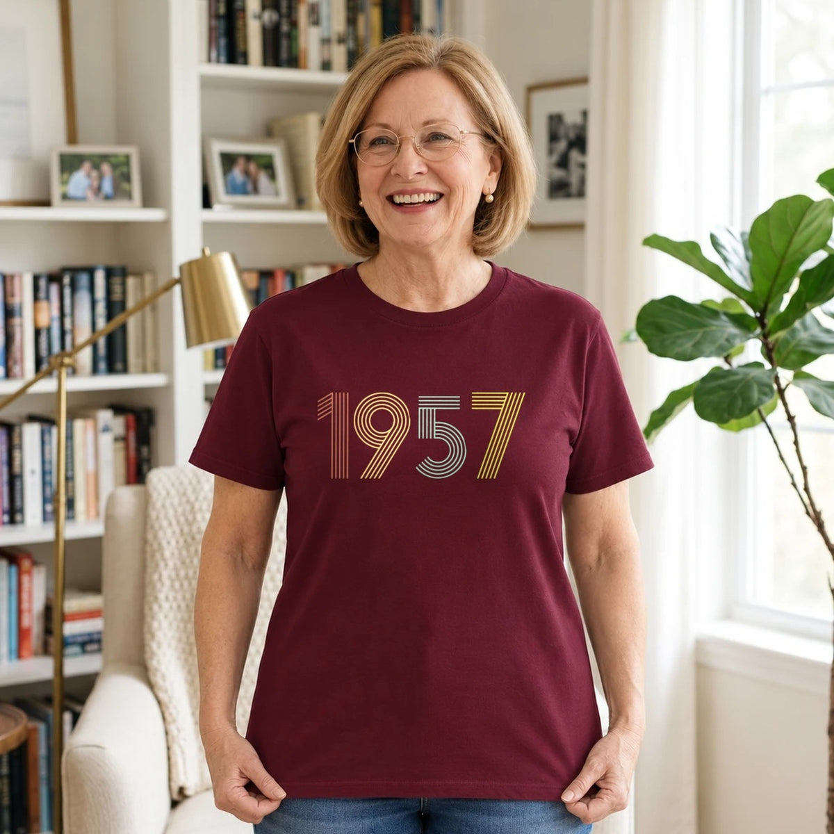 1957 Birth Year Shirt - Retro 69th Birthday T-Shirt for Women - Burgundy Round Neck