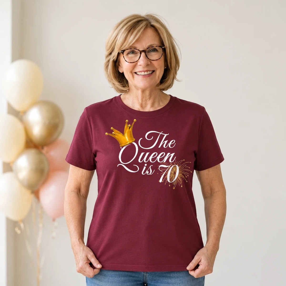 The Queen Is 70 - 70th Birthday Queen T-Shirt for Women - Burgundy Round Neck