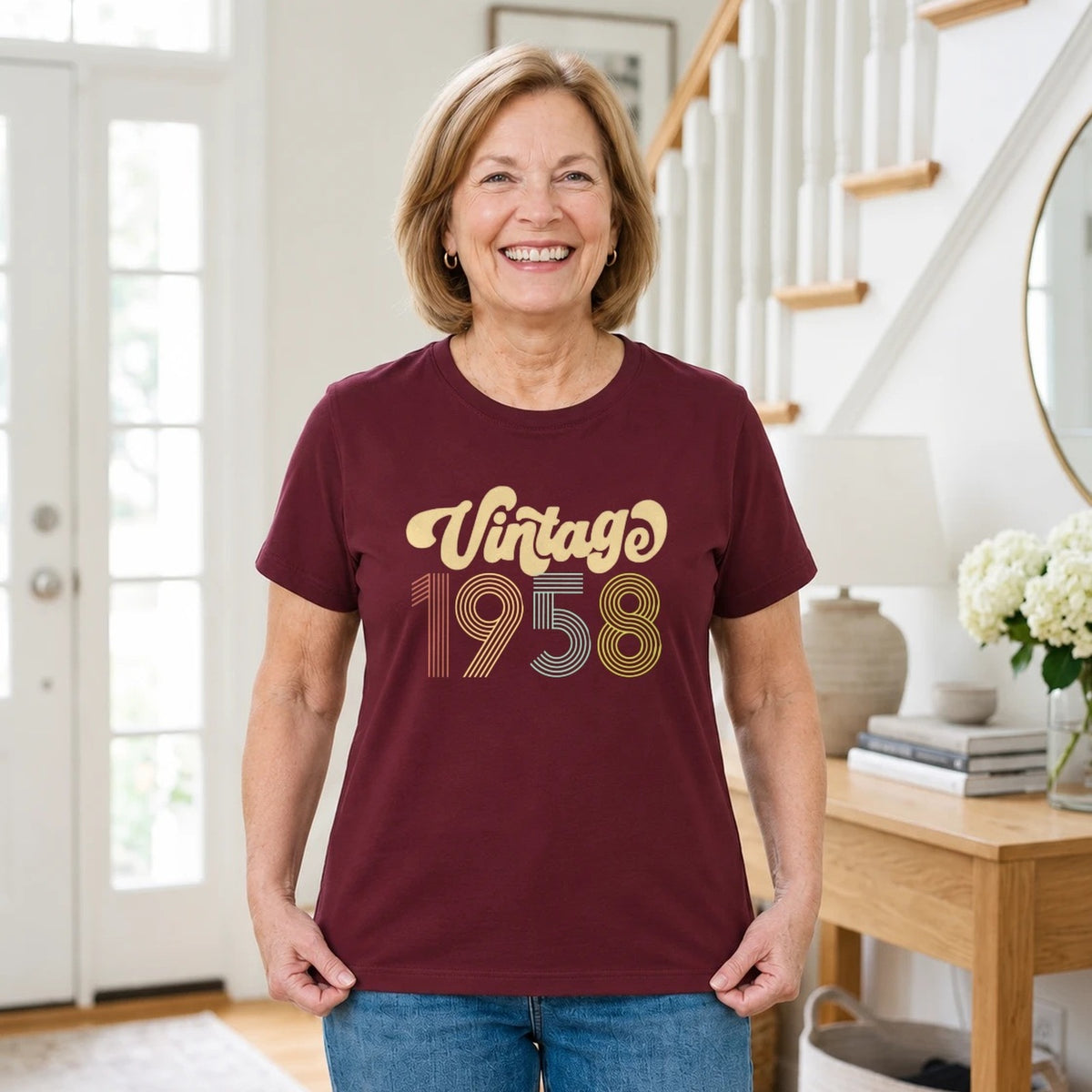 Vintage 1958 - Retro 68th Birthday T-Shirt for Women - Burgundy Round Neck