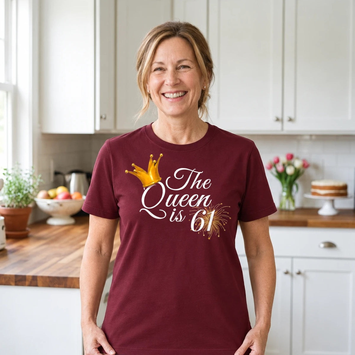 The Queen Is 61 - 61st Birthday Queen T-Shirt for Women - Burgundy Round Neck