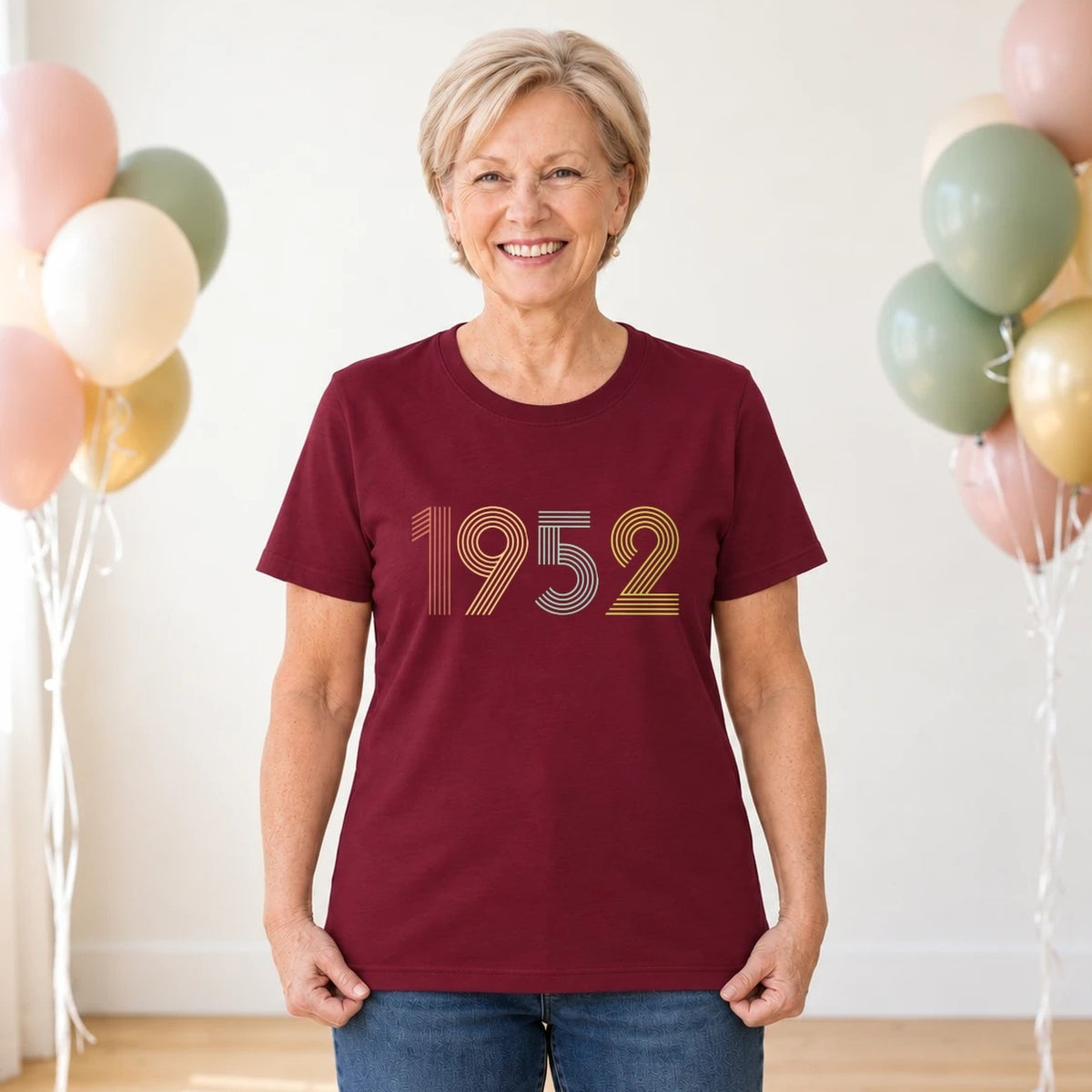 1952 Birth Year Shirt - Retro 74th Birthday T-Shirt for Women - Burgundy Round Neck