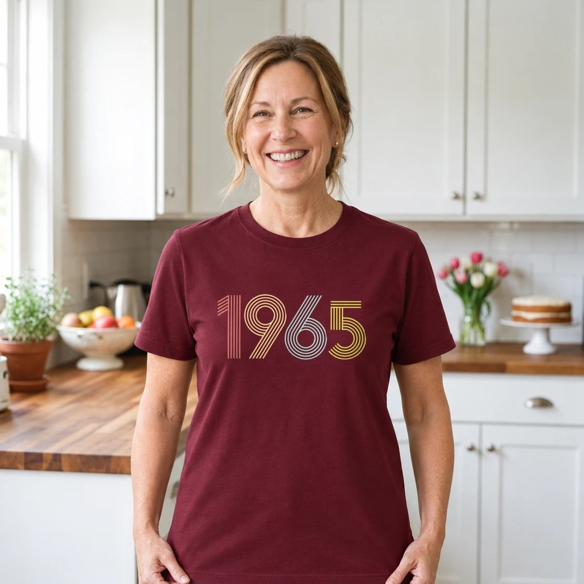 1965 Birth Year Shirt - Retro 61st Birthday T-Shirt for Women - Burgundy Round Neck