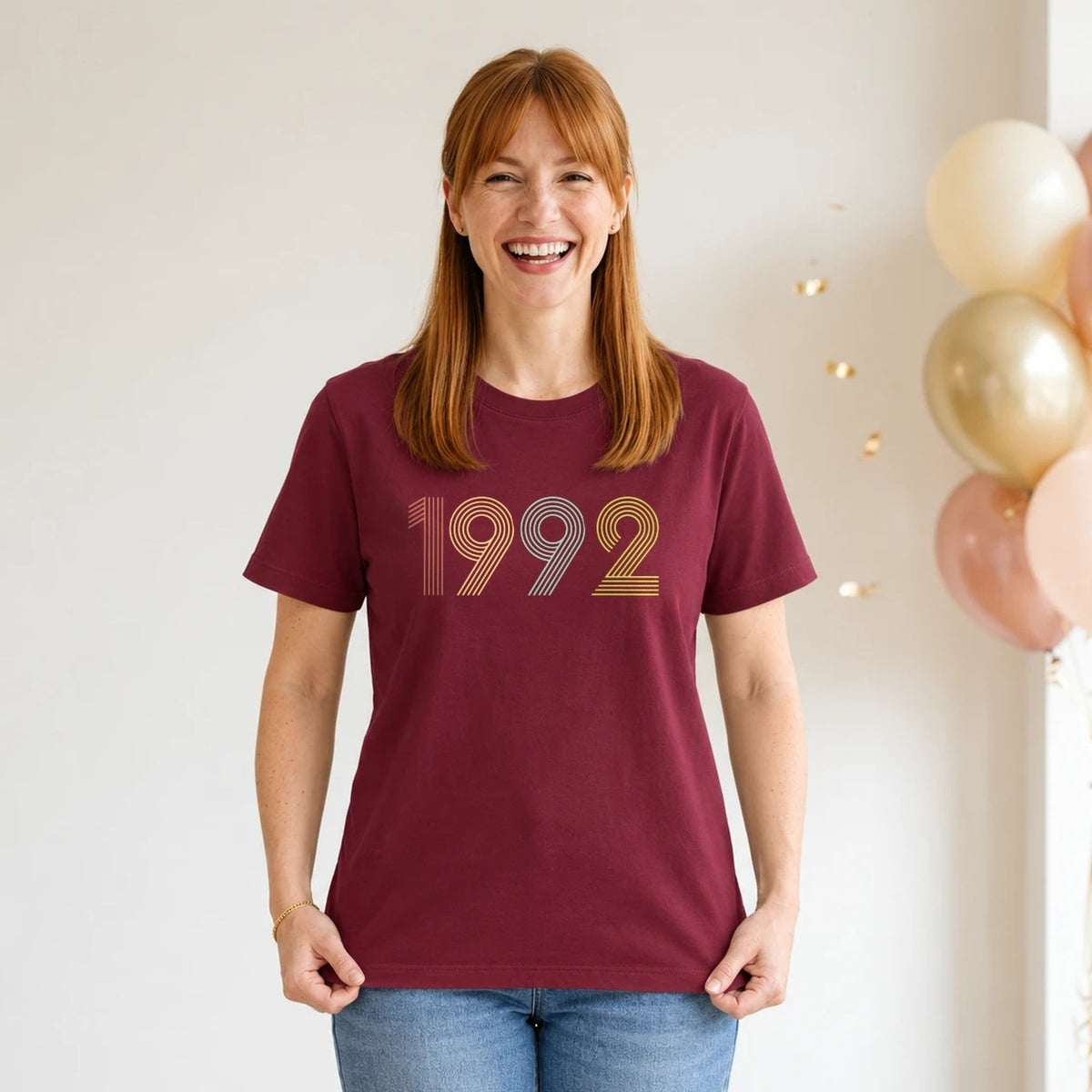 1992 Birth Year Shirt - Retro 34th Birthday T-Shirt for Women - Burgundy Round Neck