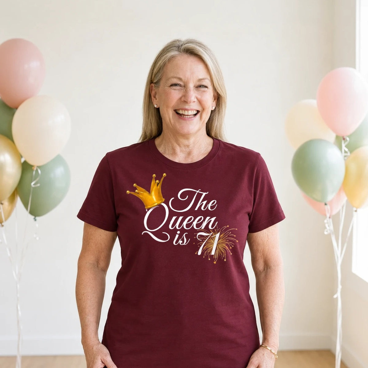 The Queen Is 71 - 71st Birthday Queen T-Shirt for Women - Burgundy Round Neck