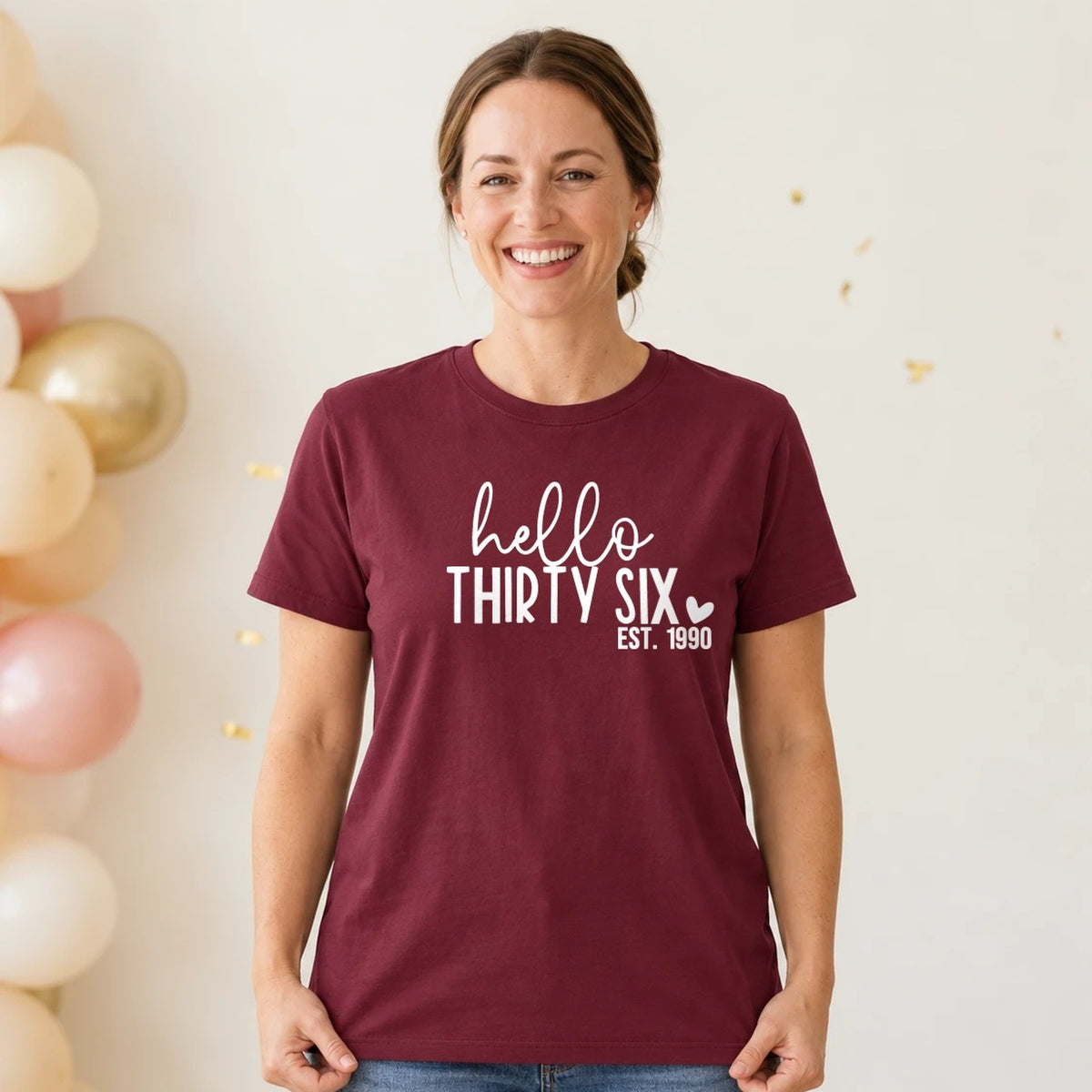 Hello Thirty-Six 36th Birthday T-Shirt for Women - Est. 1990 - Burgundy Round Neck