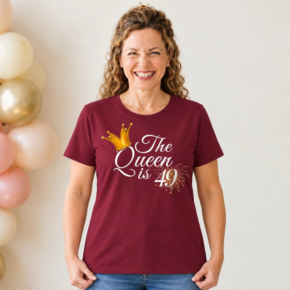 The Queen Is 49 - 49th Birthday Queen T-Shirt for Women - Burgundy Round Neck