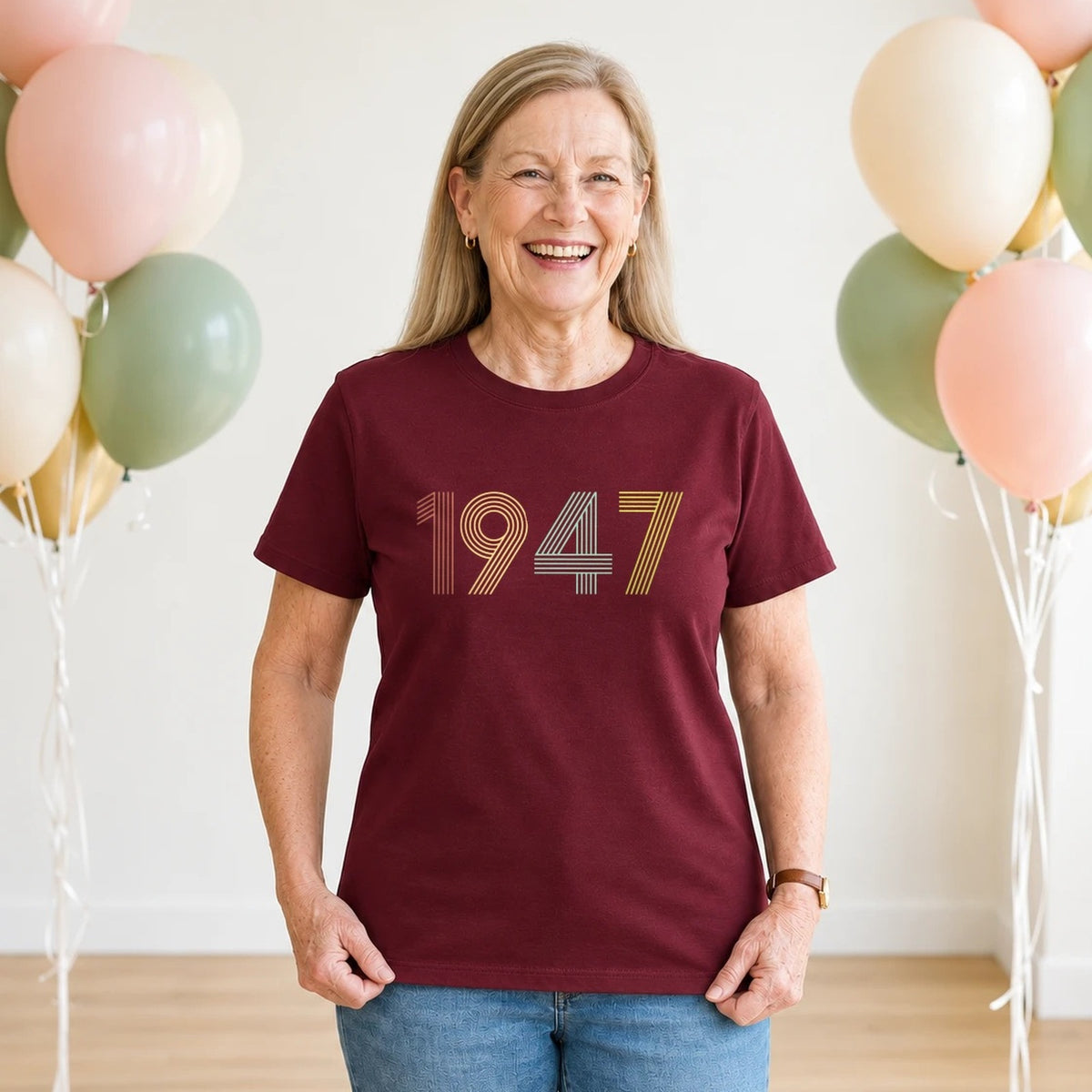1947 Birth Year Shirt - Retro 79th Birthday T-Shirt for Women - Burgundy Round Neck