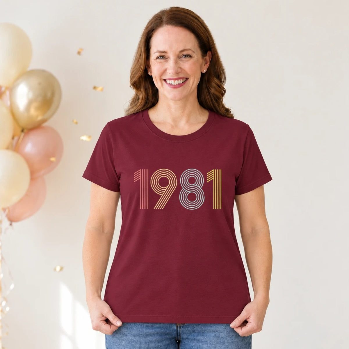 1981 Birth Year Shirt - Retro 45th Birthday T-Shirt for Women - Burgundy Round Neck