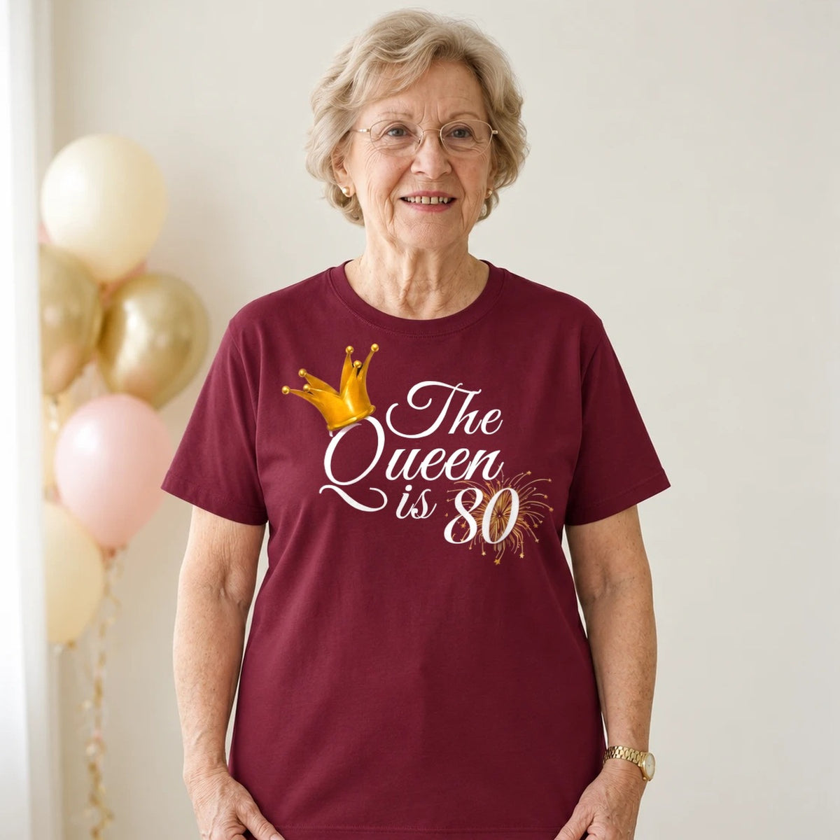 The Queen Is 80 - 80th Birthday Queen T-Shirt for Women - Burgundy Round Neck