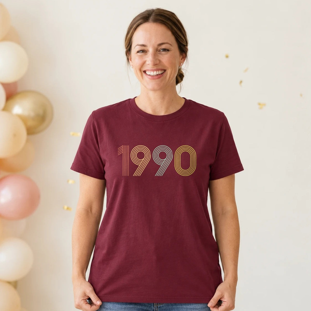 1990 Birth Year Shirt - Retro 36th Birthday T-Shirt for Women - Burgundy Round Neck