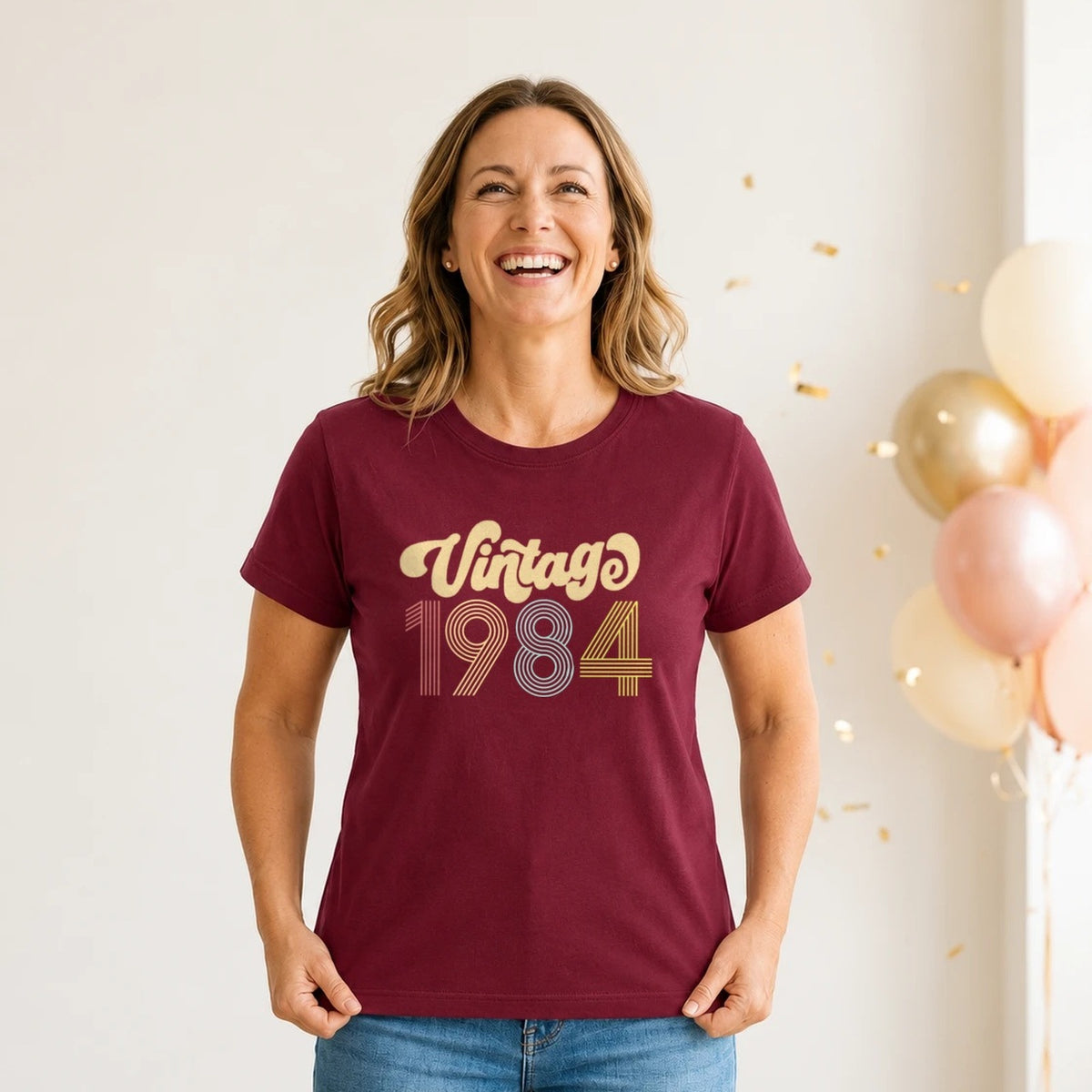 Vintage 1984 - Retro 42nd Birthday T-Shirt for Women - Burgundy Round Neck