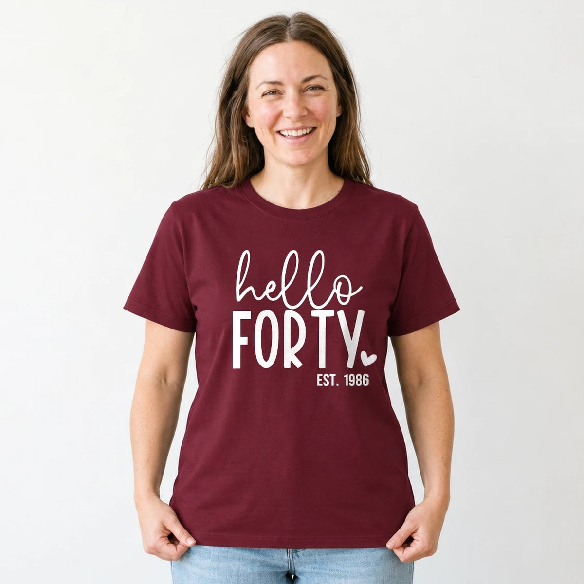 Hello Forty 40th Birthday T-Shirt for Women - Est. 1986 - Burgundy Round Neck
