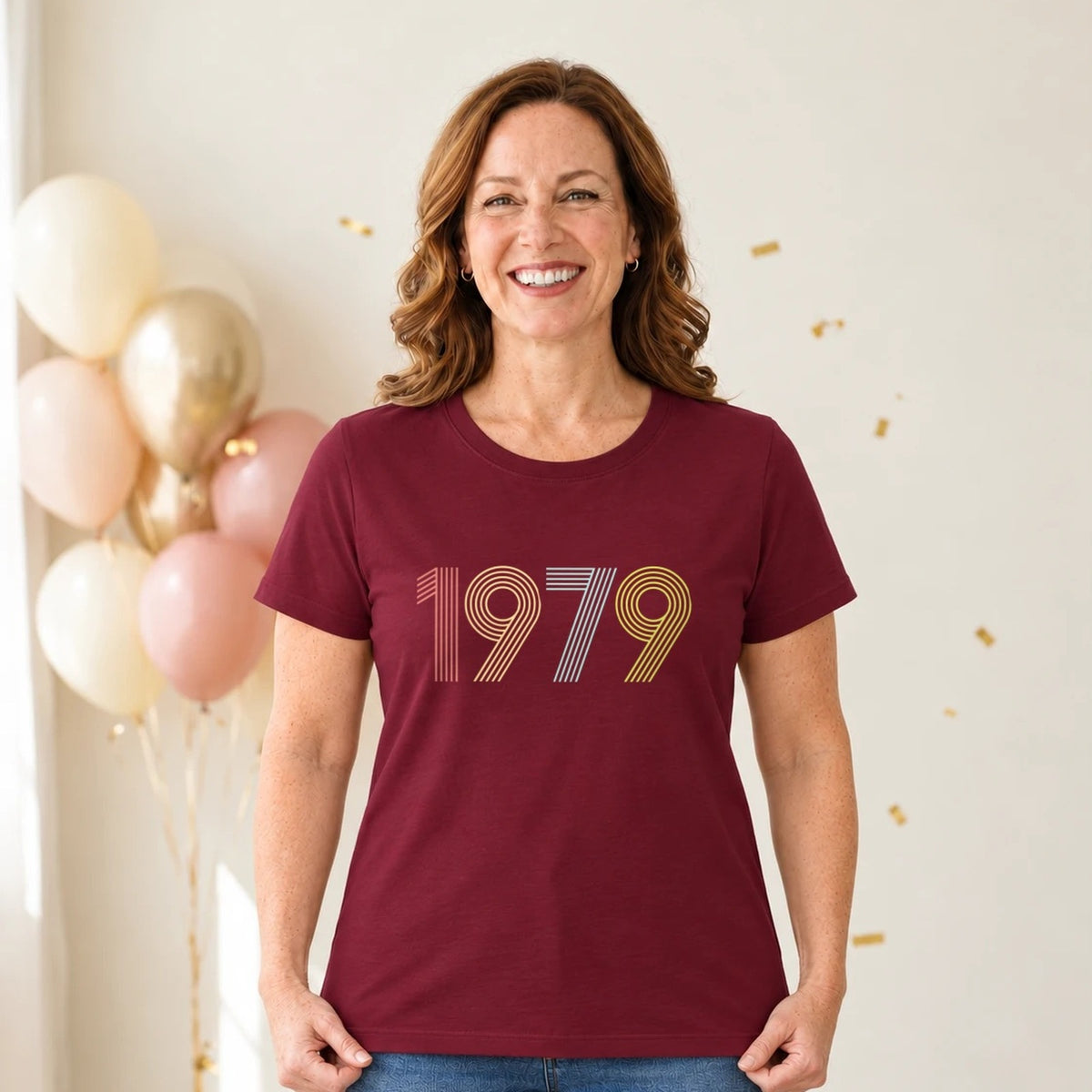 1979 Birth Year Shirt - Retro 47th Birthday T-Shirt for Women - Burgundy Round Neck
