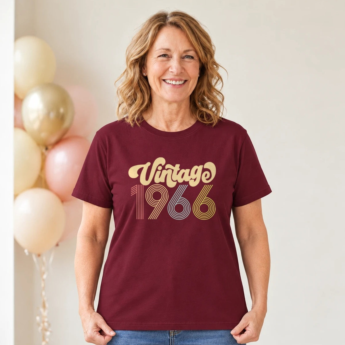 Vintage 1966 - Retro 60th Birthday T-Shirt for Women - Burgundy Round Neck